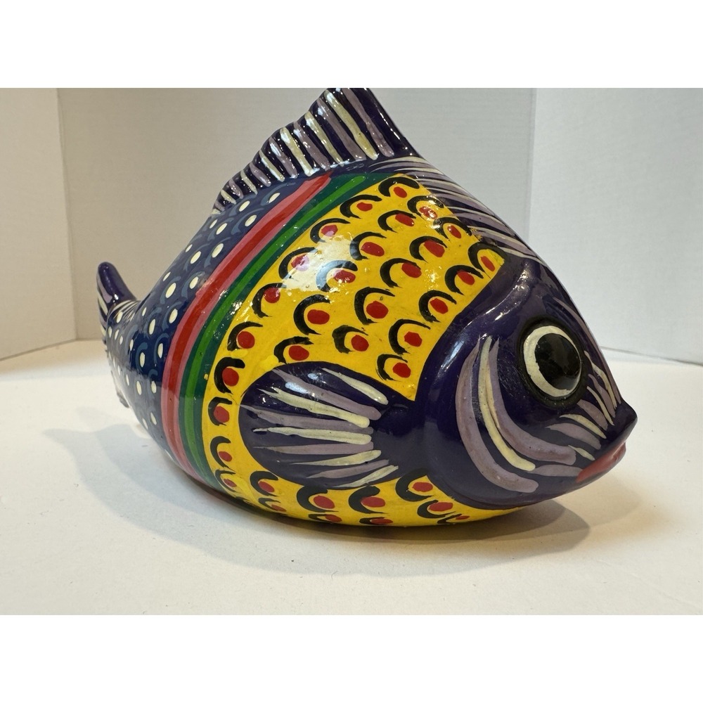 Hand-Painted Mexican Pottery Fish Talavera style Yellow Purple Handmade Folk-Art - Picture 2 of 7
